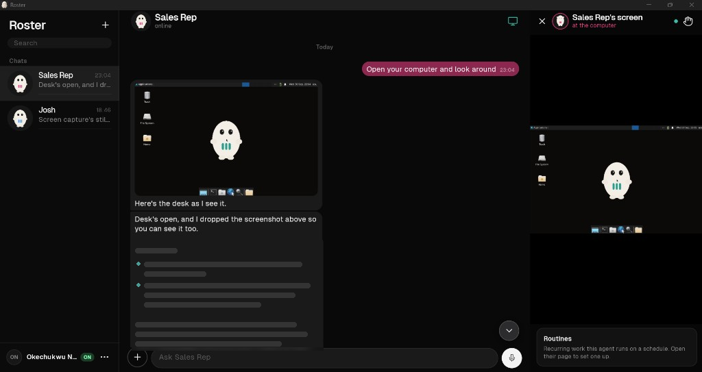 Roster app: chatting with a Sales Rep agent while watching its screen live